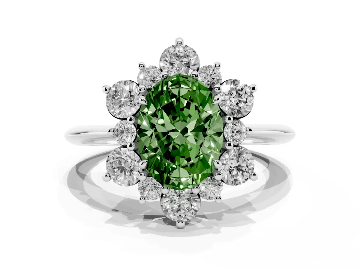 Fancy Green Oval Cut Diamond Cluster Halo Ring with Solitaire Band and Four-Prong Setting Silver