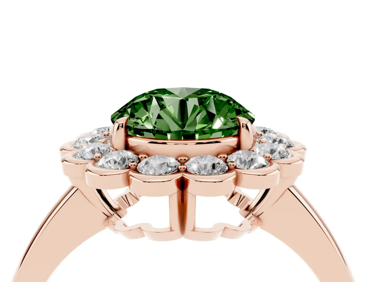 Fancy Green Round Cut Halo Cluster Diamond Engagement Ring with Solitaire Band and Prong Setting Rose gold