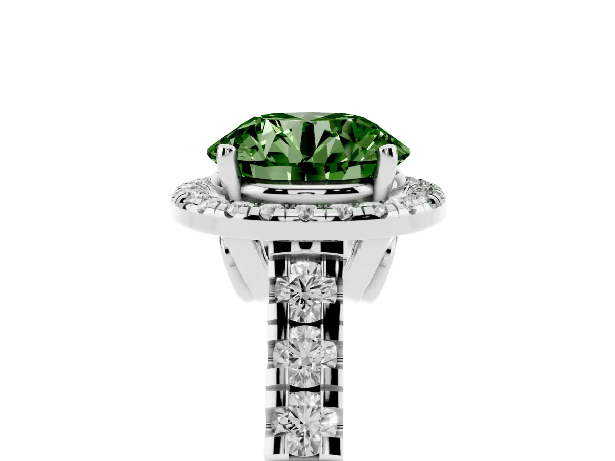 Fancy Green Round Cut Halo Pavé Diamond Engagement Ring with Four-Prong Setting Silver