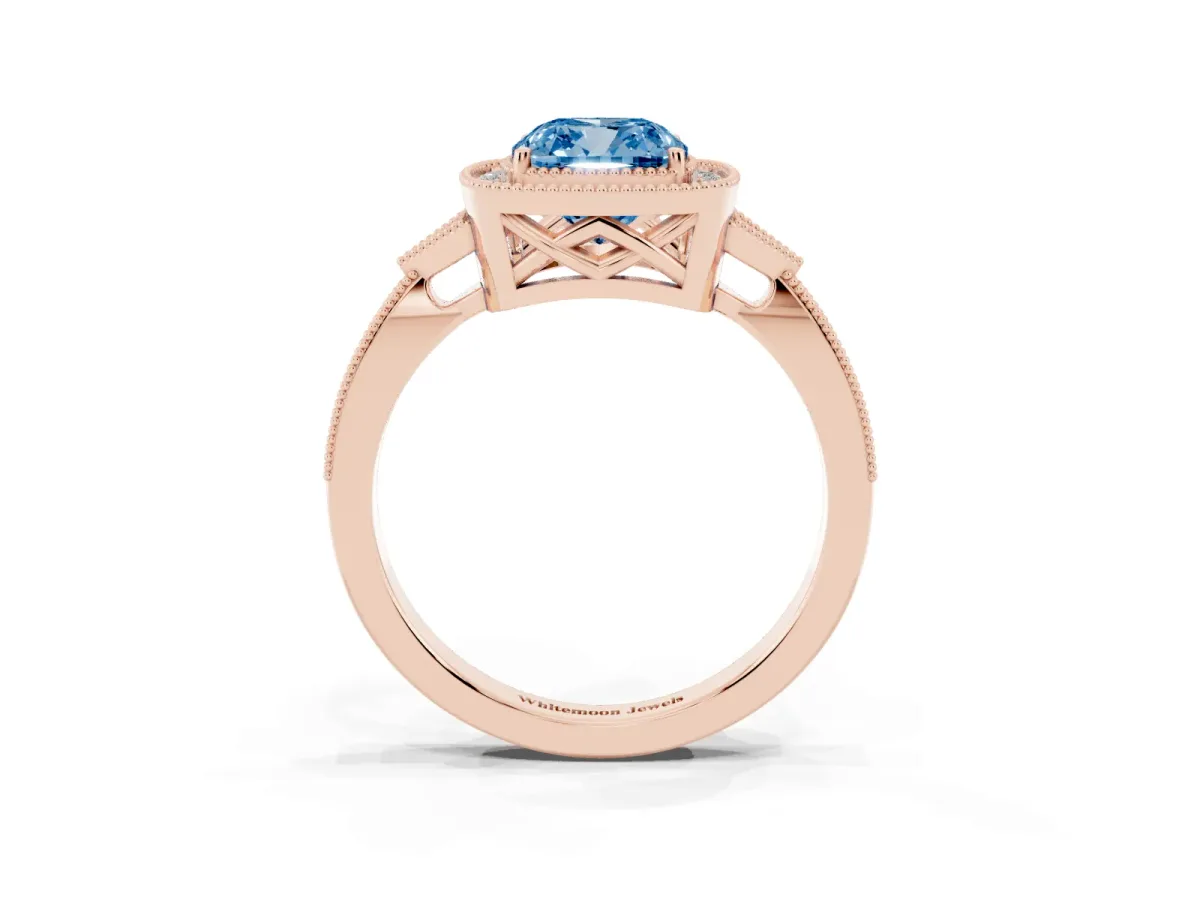Fancy Blue Cushion Cut Halo Round Diamond Milgrain Pave Engagement Ring Rose gold