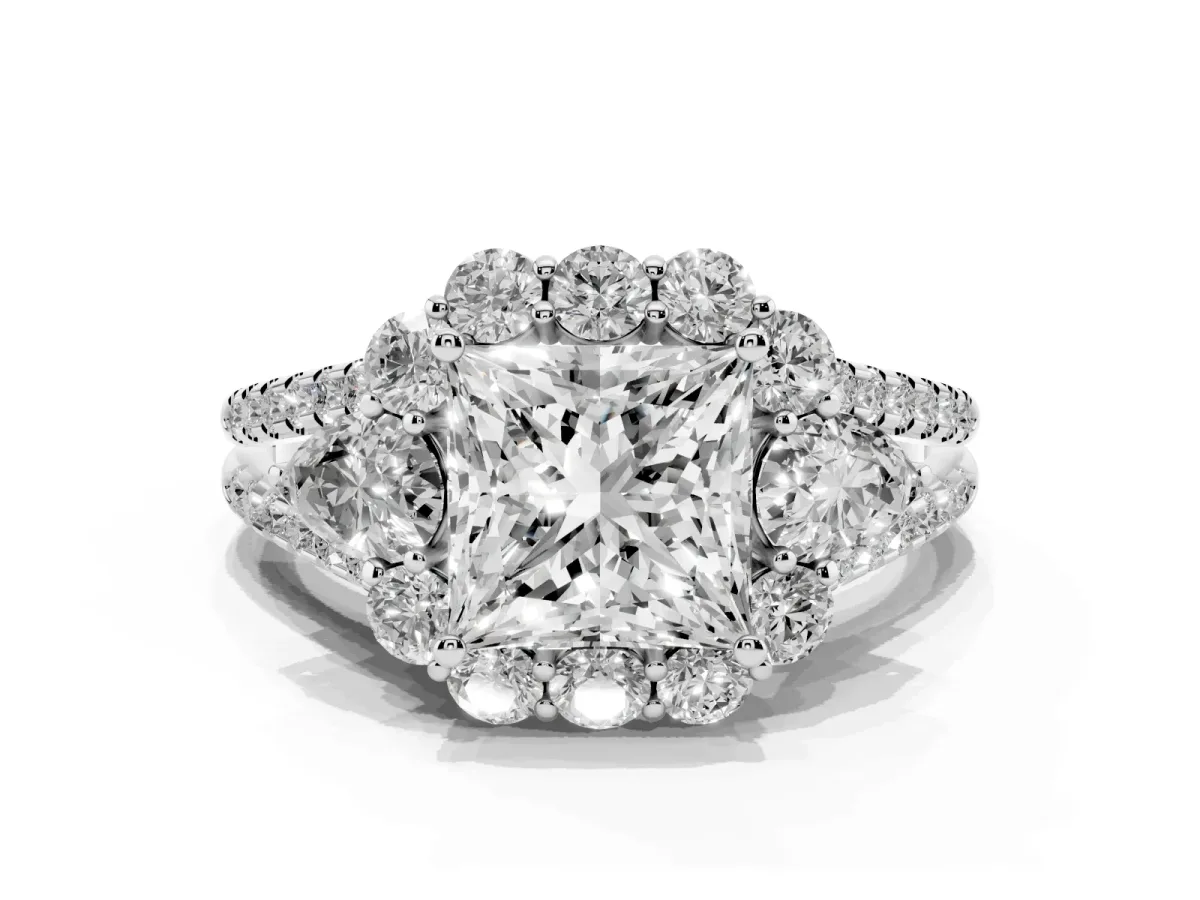 Princess Cut Halo Split Shank Diamond Engagement Ring with Prong Setting Platinum