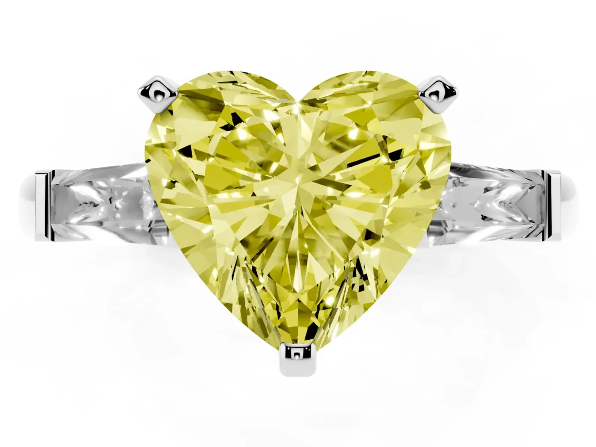 Fancy Yellow Heart Cut Solitaire with Tapered Baguette Side Stones on a Classic Band with Four-Prong Setting Platinum
