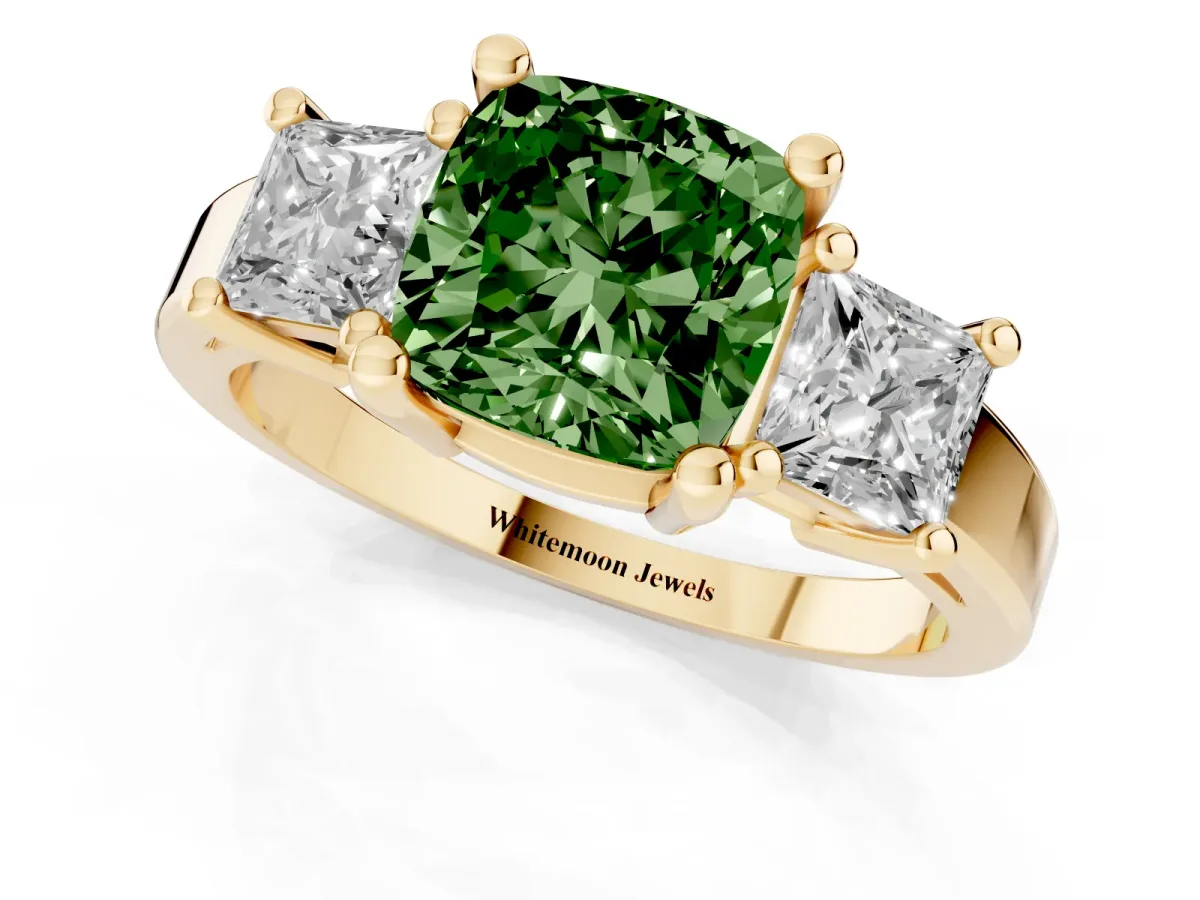 Fancy Green Three-Stone Cushion Cut Cut Solitaire Ring with Prong Setting Yellow gold