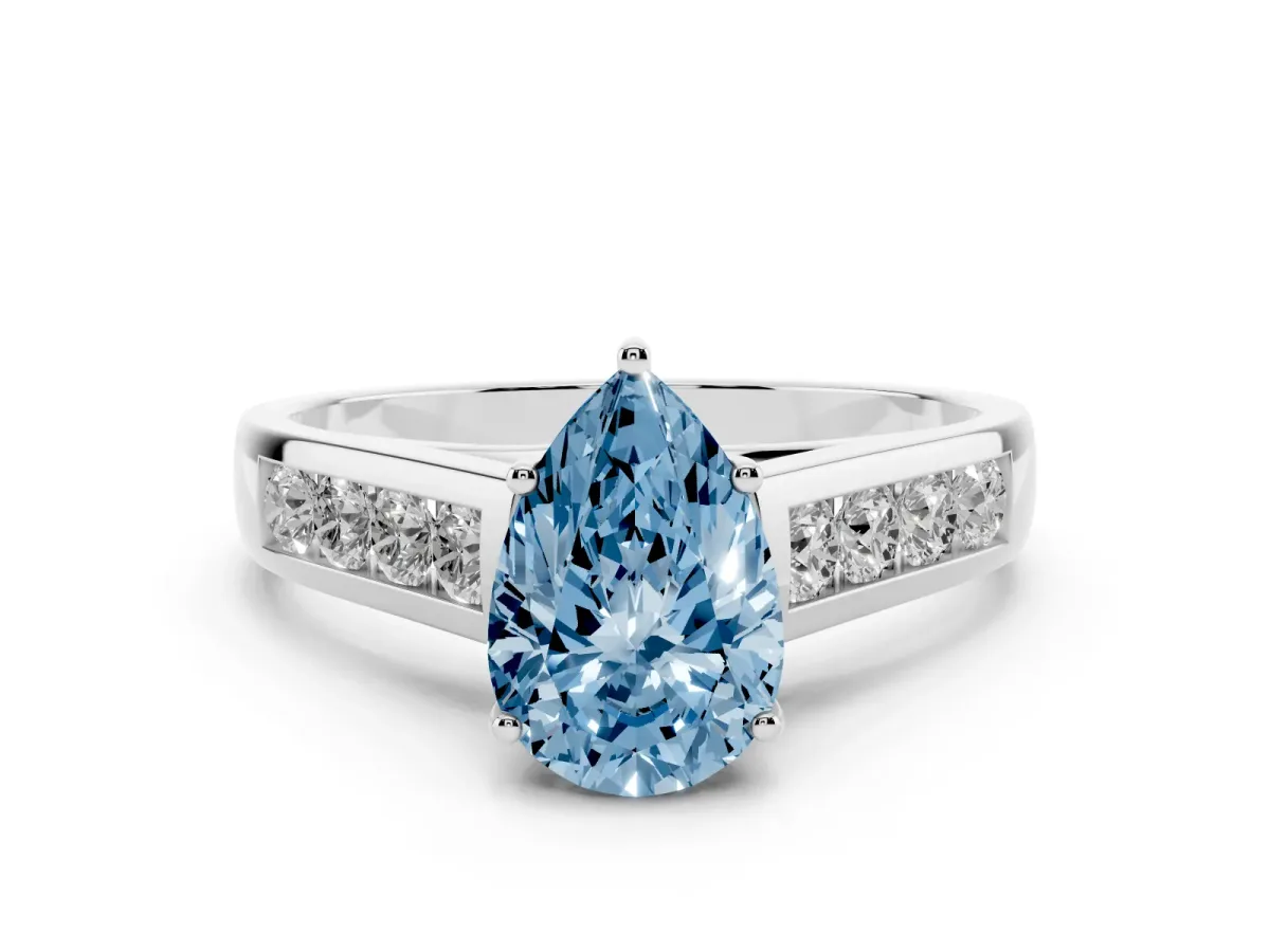 Fancy Blue Pear Cut Brilliant Channel-Set Solitaire Ring with Four-Prong Setting Silver