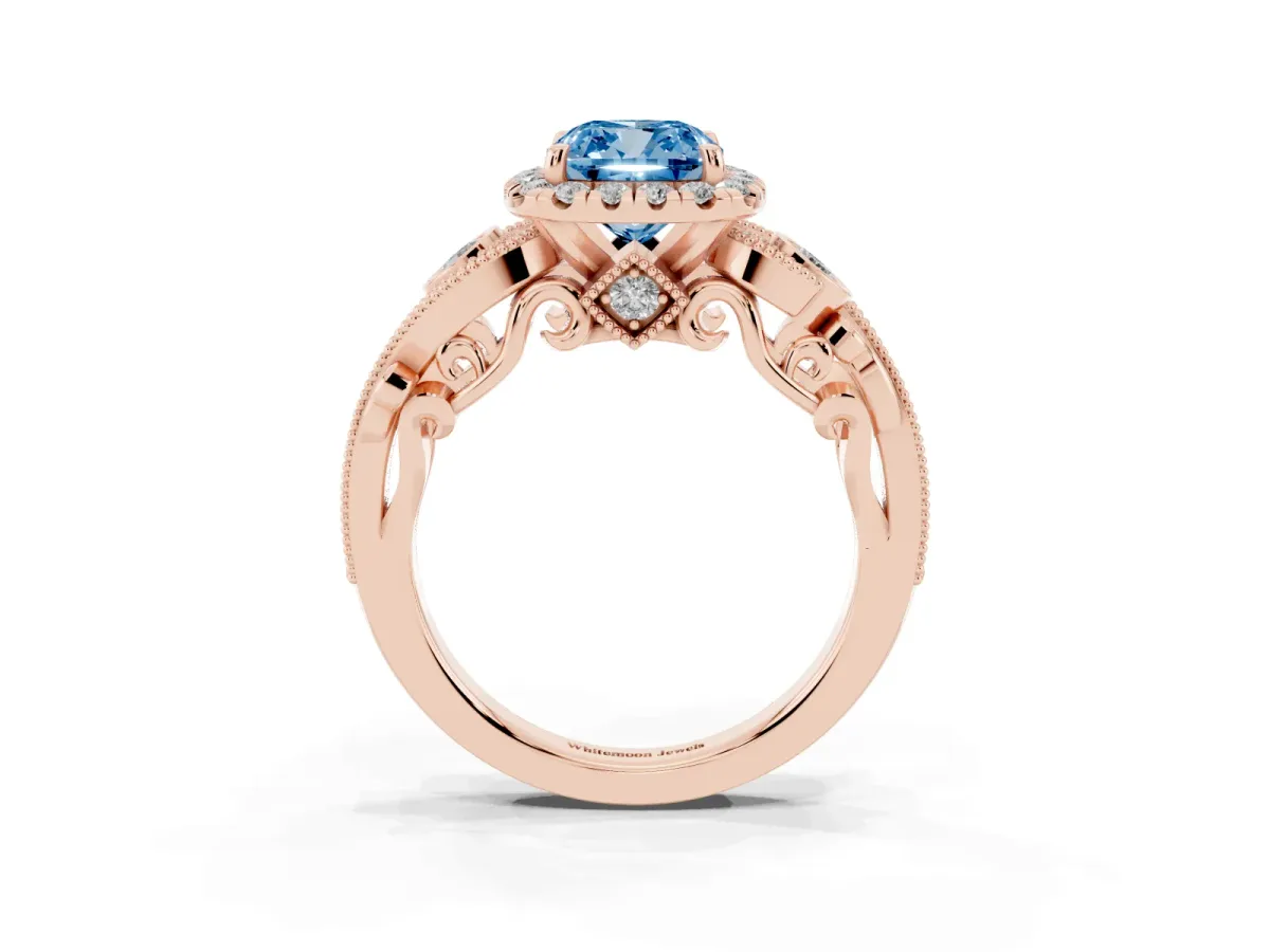 Fancy Blue Cushion Cut Halo Diamond Ring with Milgrain and Bezel Accents on a Split Shank Band Rose gold