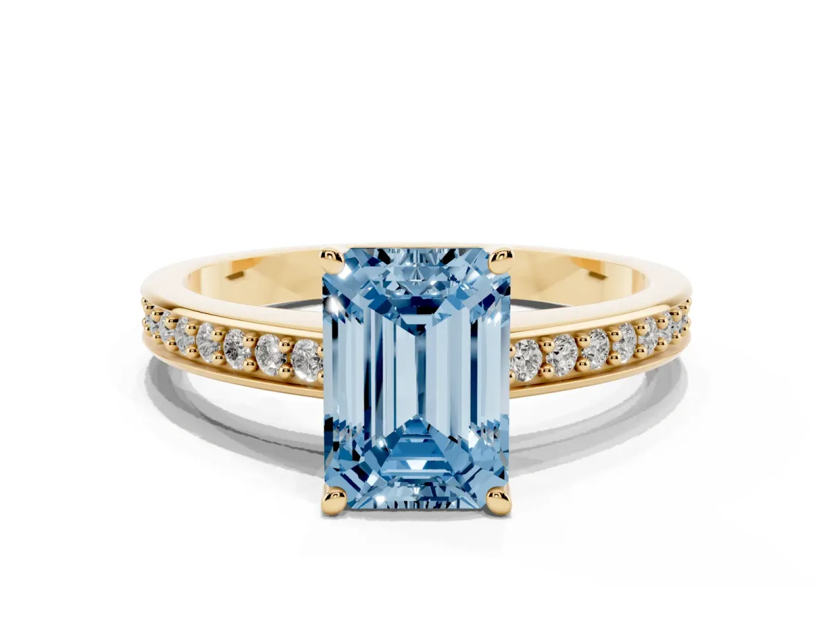Fancy Blue Emerald Cut Solitaire Pavé Band Prong Setting Ring Yellow gold