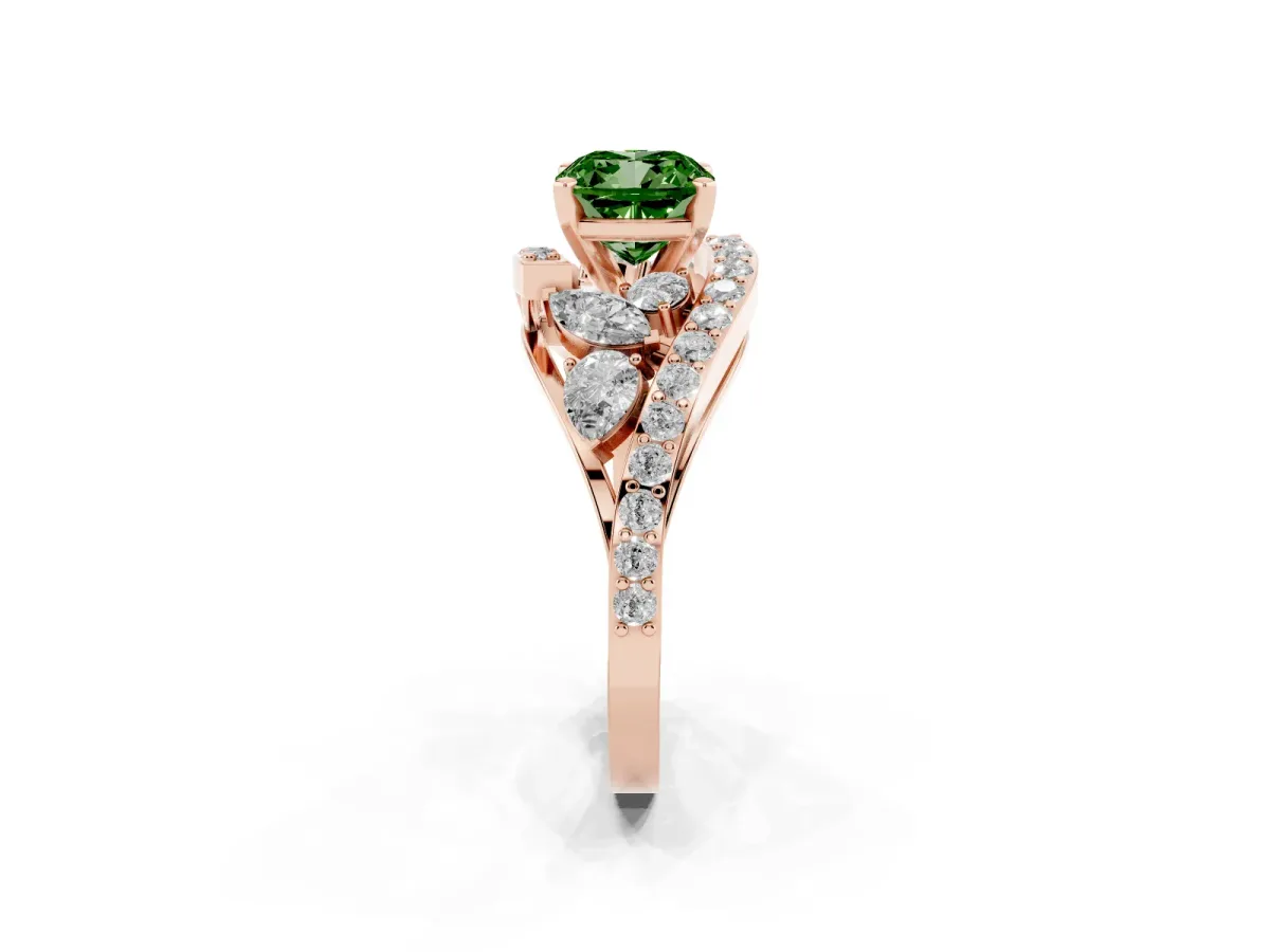 Fancy Green Cushion Cut Diamond Halo Ring with Marquise and Pavé Band in Prong Setting Rose gold