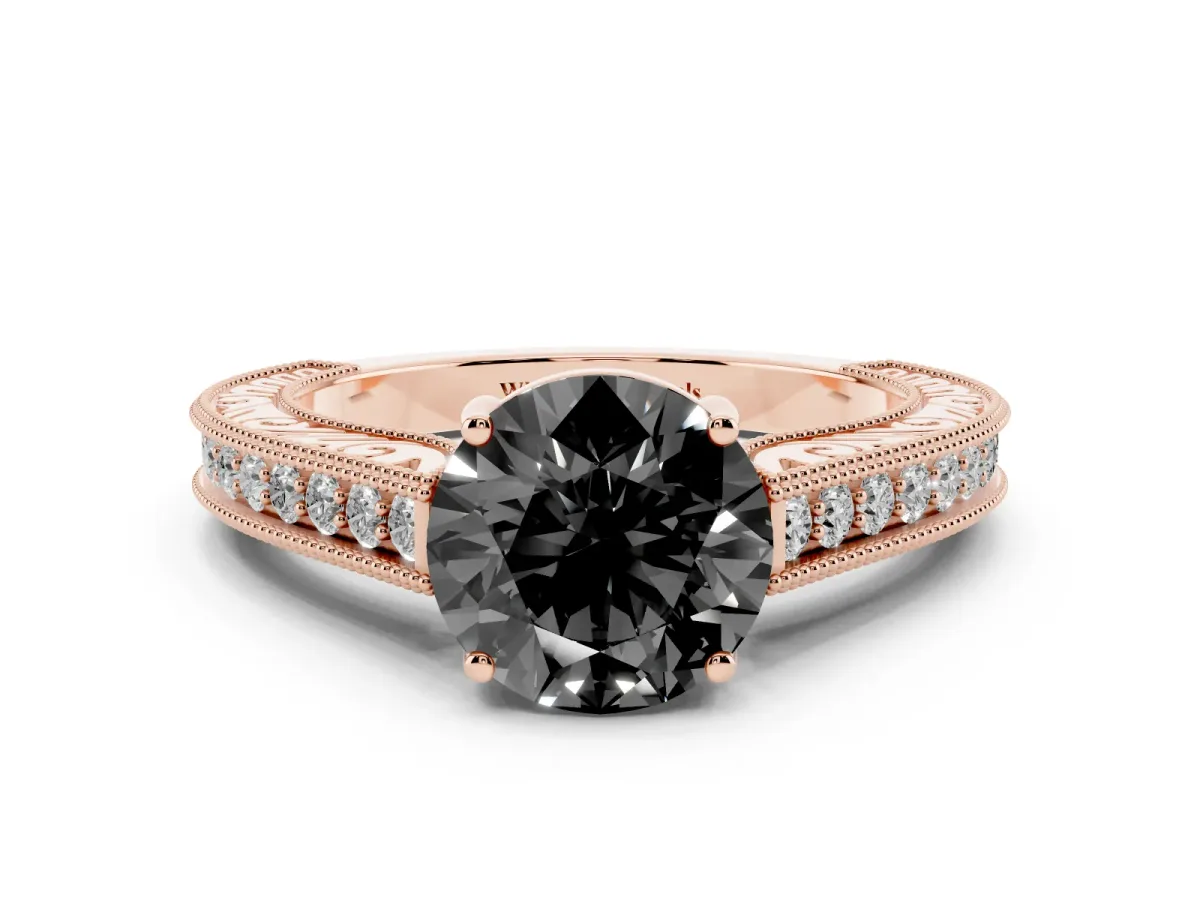Fancy Black Round Cut Cut Pave Band Milgrain Solitaire Ring Rose gold