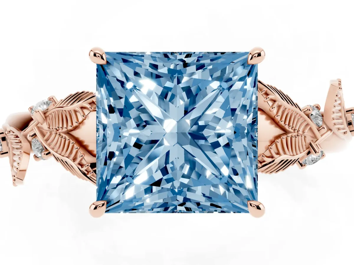 Fancy Blue Princess Cut Diamond Solitaire Ring with Leaf Motif Band and Four-Prong Setting Rose gold