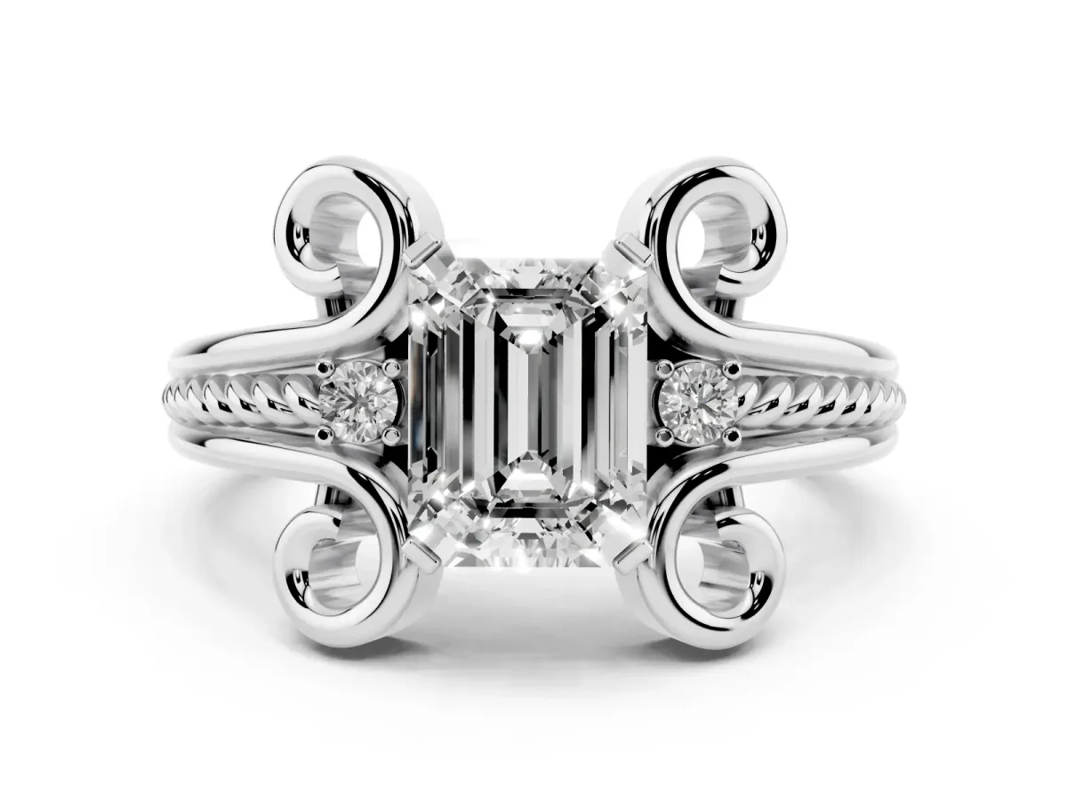 Emerald Cut Solitaire Twisted Band Scroll Prong Ring Silver