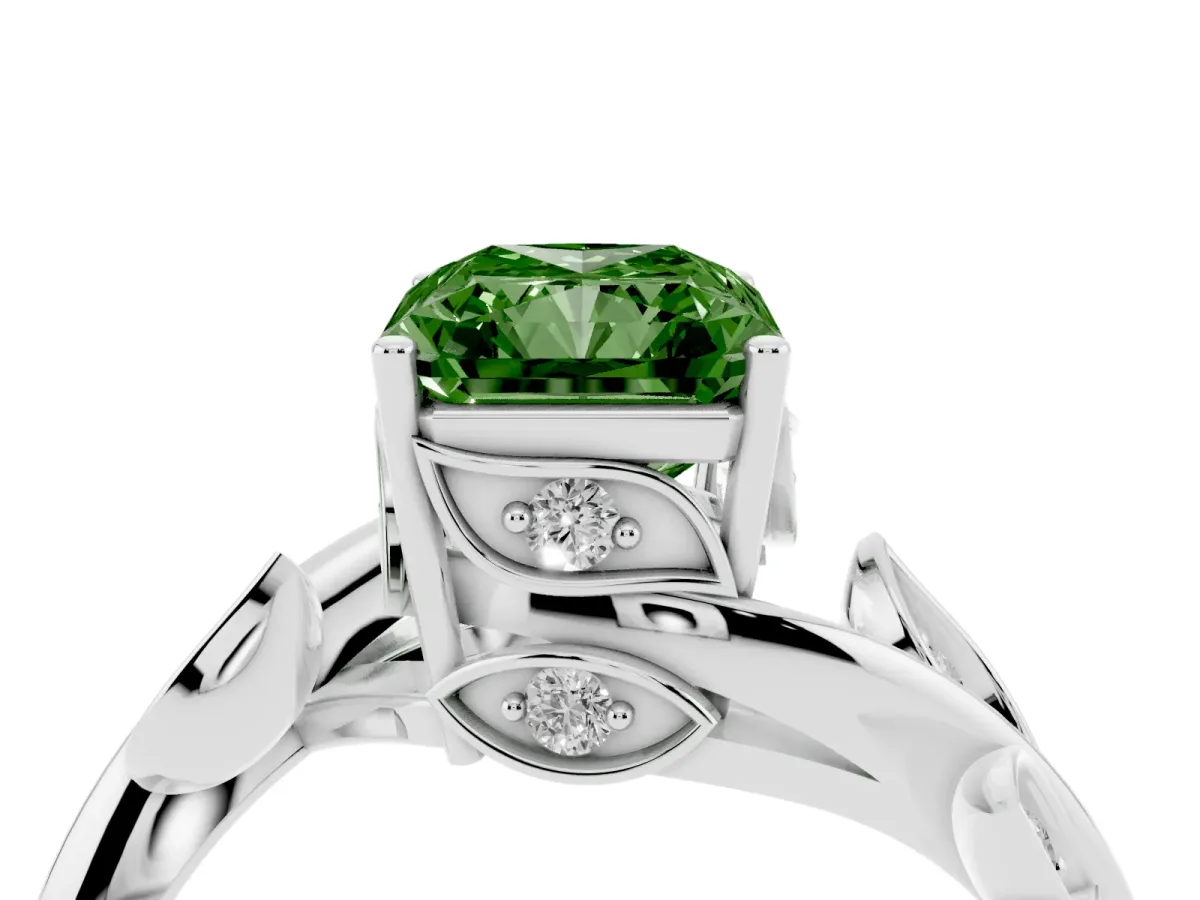 Fancy Green Radiant Cut Solitaire Twist Engagement Ring with Leaf Accents and Prong Setting Silver