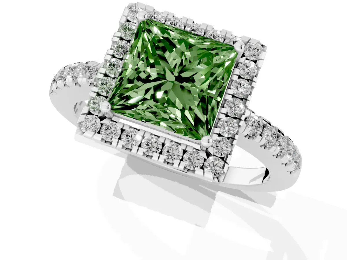 Fancy Green Princess Cut Halo Diamond Engagement Ring with Pavé Band and Four-Prong Setting Platinum