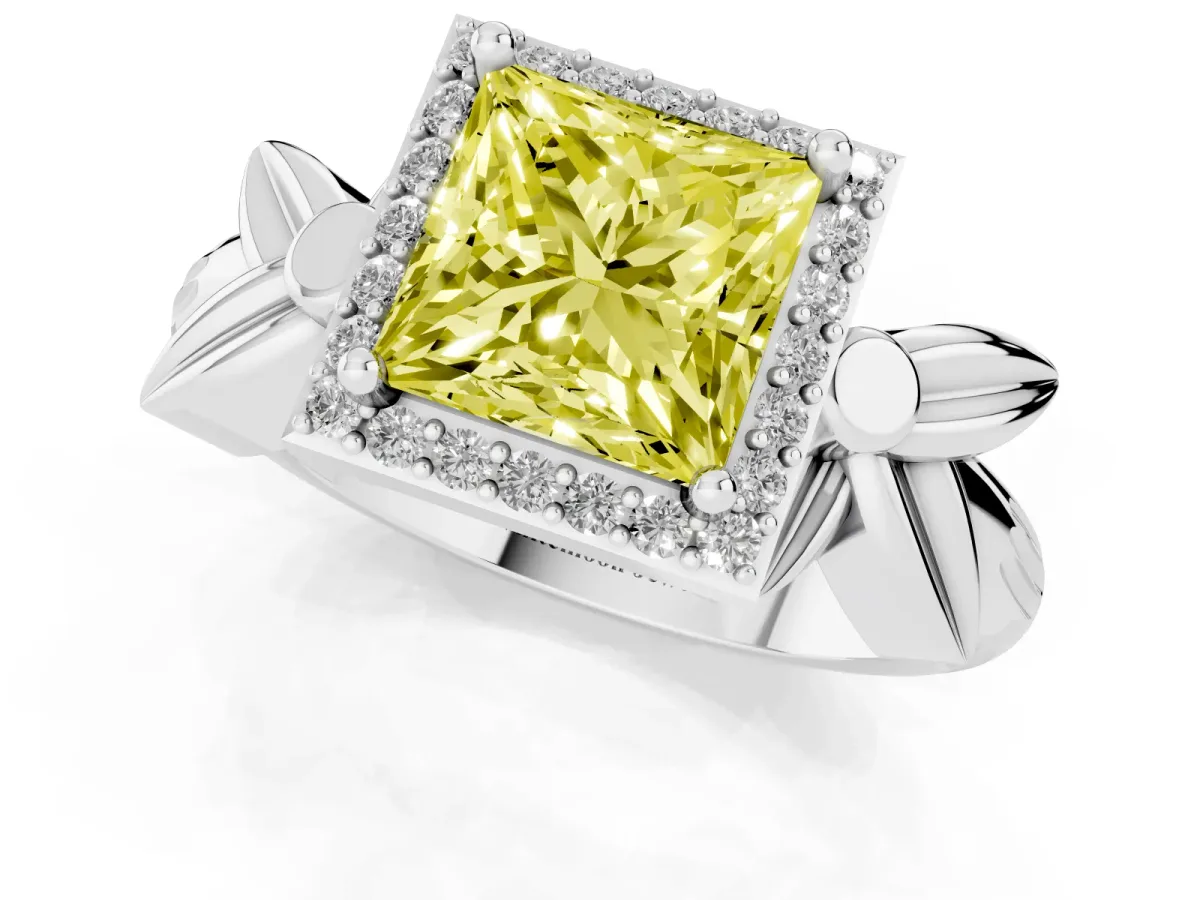 Fancy Yellow Princess Cut Halo Diamond Floral Band with Four-Prong Setting White gold