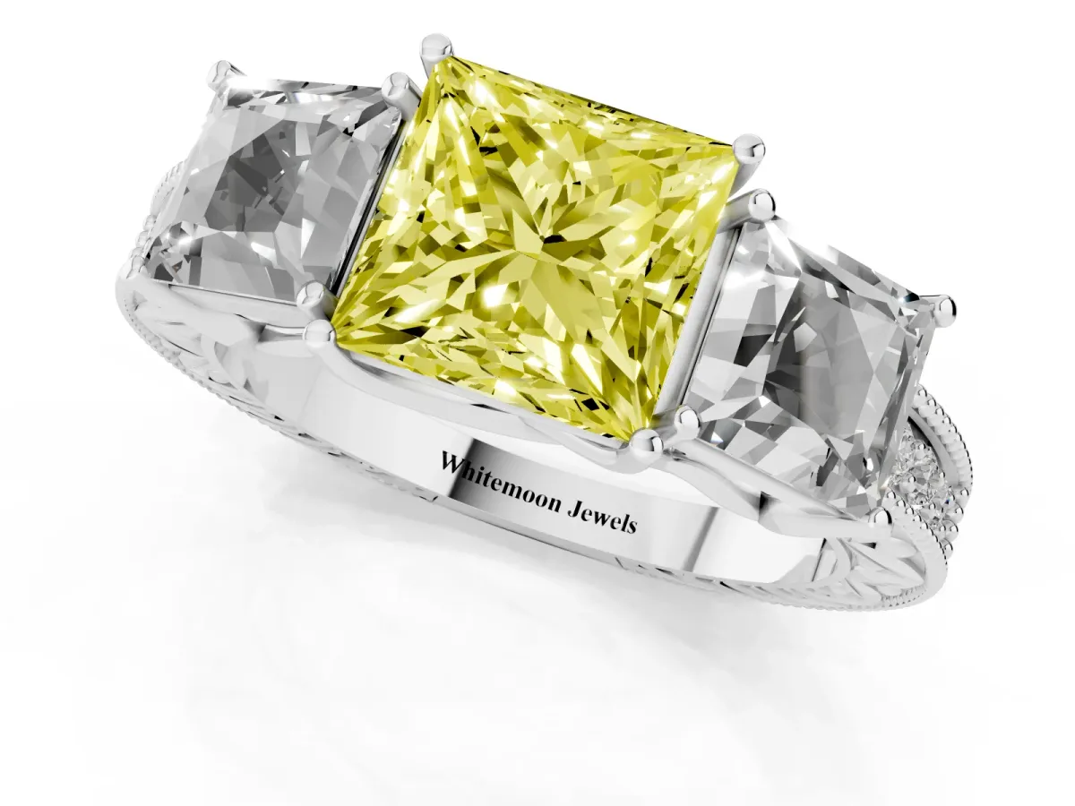 Fancy Yellow Three-Stone Princess Cut Cut Milgrain Pavé Engagement Ring Silver