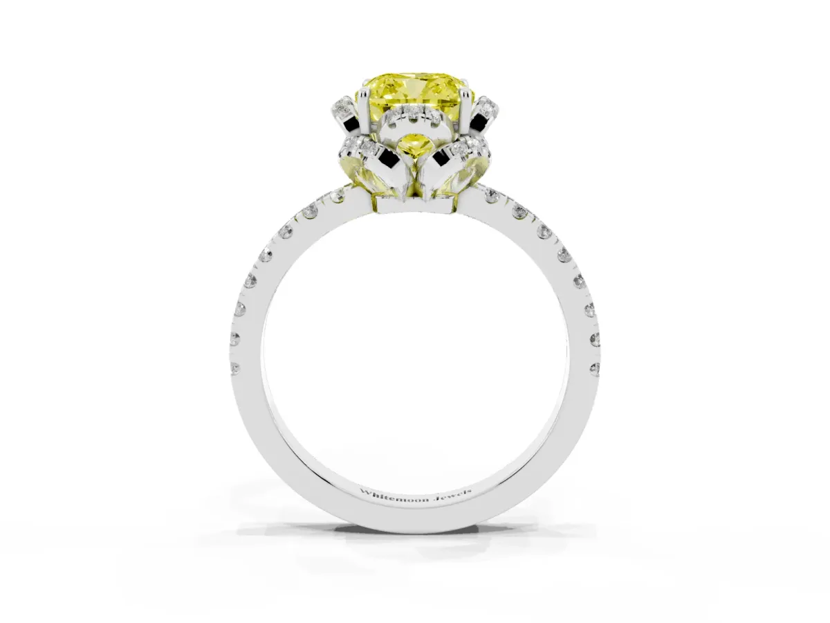 Fancy Yellow Cushion Cut Diamond Halo Pave Band with Four-Prong Setting Platinum