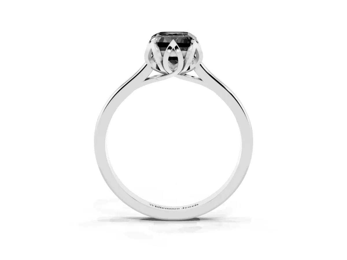 Fancy Black Emerald Cut Diamond Solitaire Ring with Flower Prong Setting and Classic Band Silver