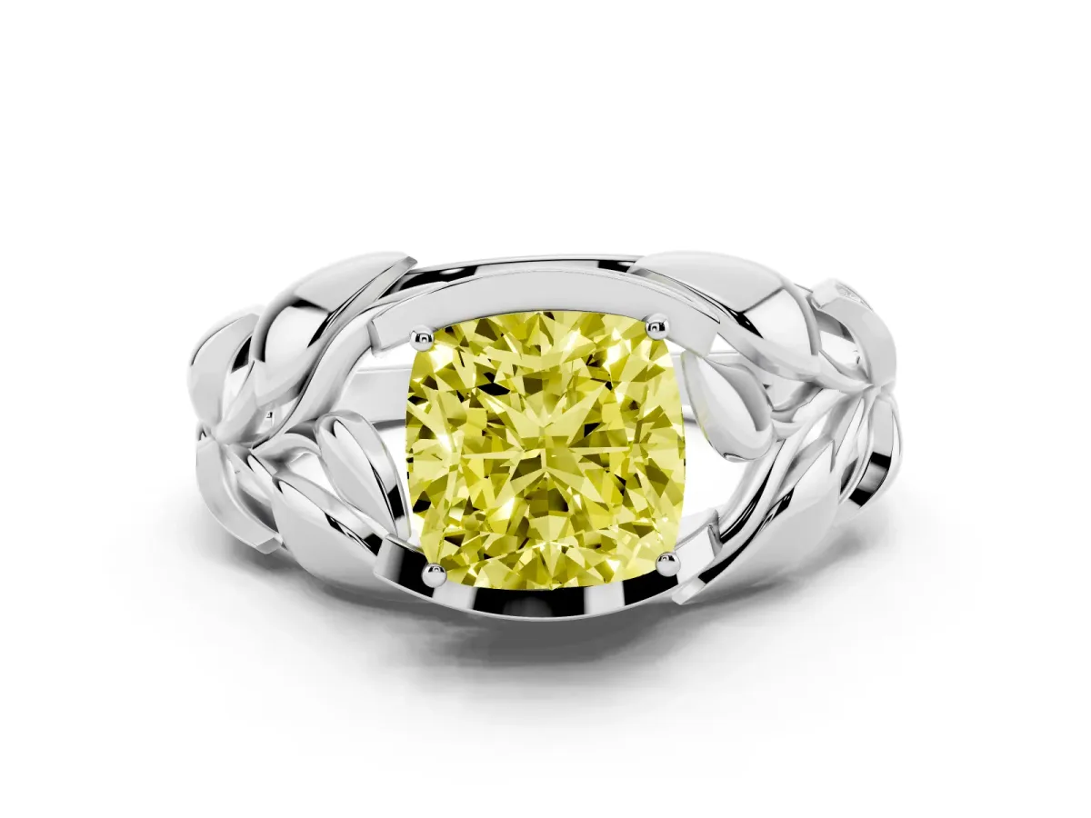 Fancy Yellow Cushion Cut Diamond Leaf-Inspired Engagement Ring with Round Accents and Prong Setting Platinum