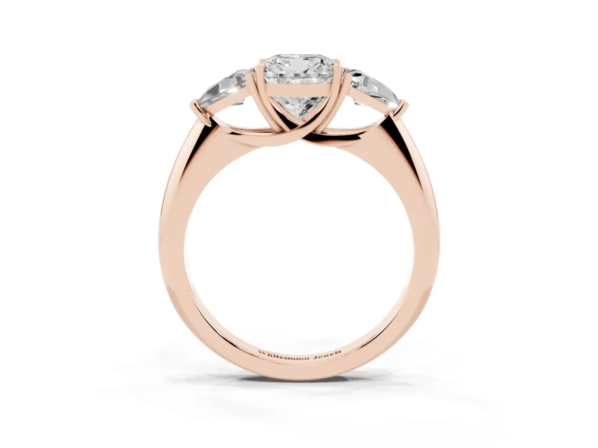 Three-Stone Cushion Cut Diamond Engagement Ring with Trillion Side Stones and Prong Setting Rose gold