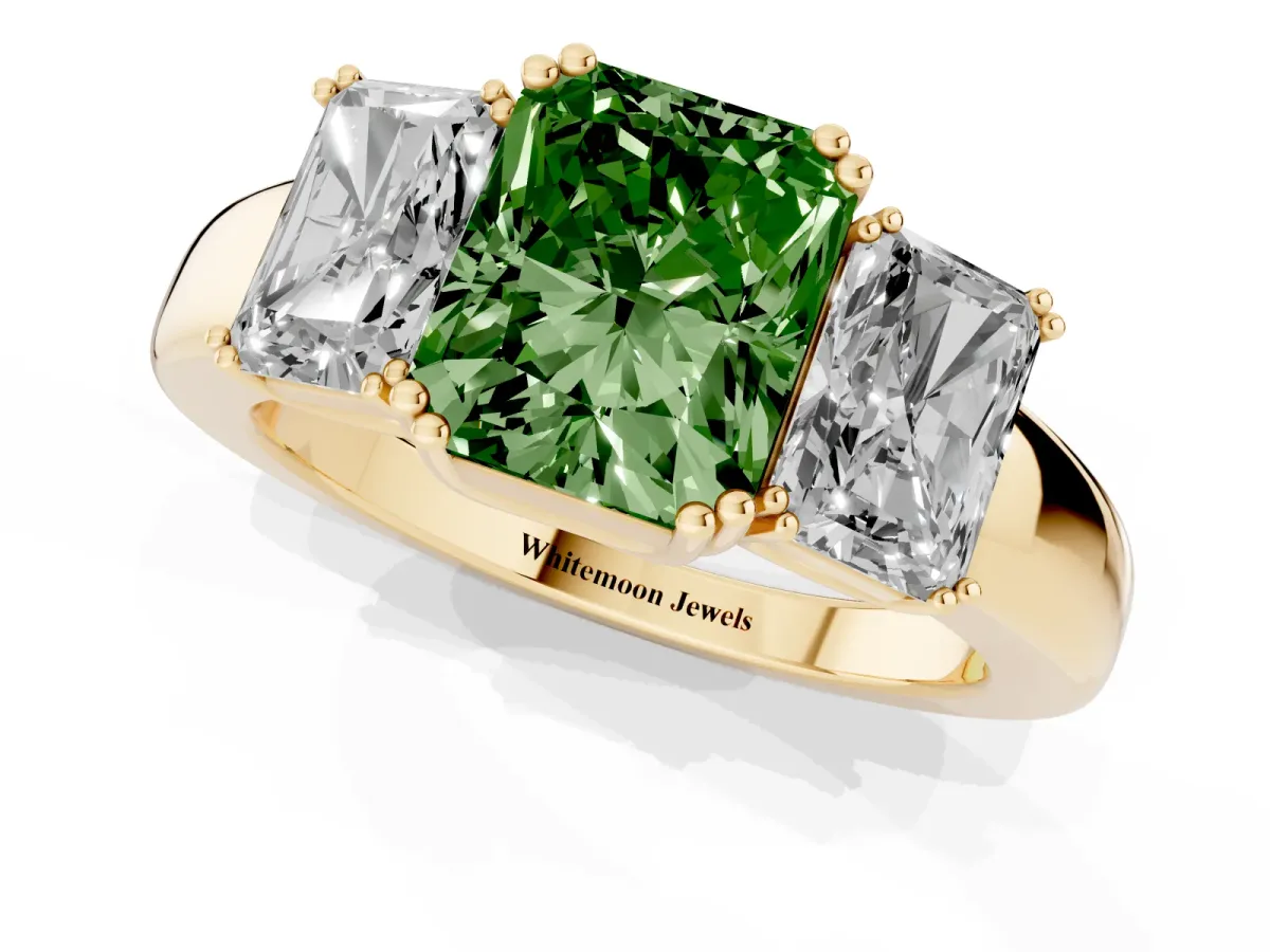 Fancy Green Three-Stone Radiant Cut Cut Diamond Ring with Channel Set Band and Four-Prong Setting Yellow gold
