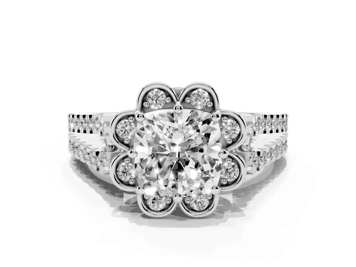 Cushion Cut Halo Diamond Floral Split Shank Engagement Ring Platinum