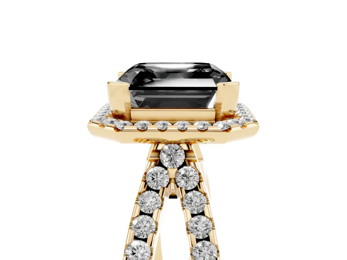Fancy Black Asscher Cut Diamond Halo Ring with Split Shank Pavé Band and Prong Setting Yellow gold