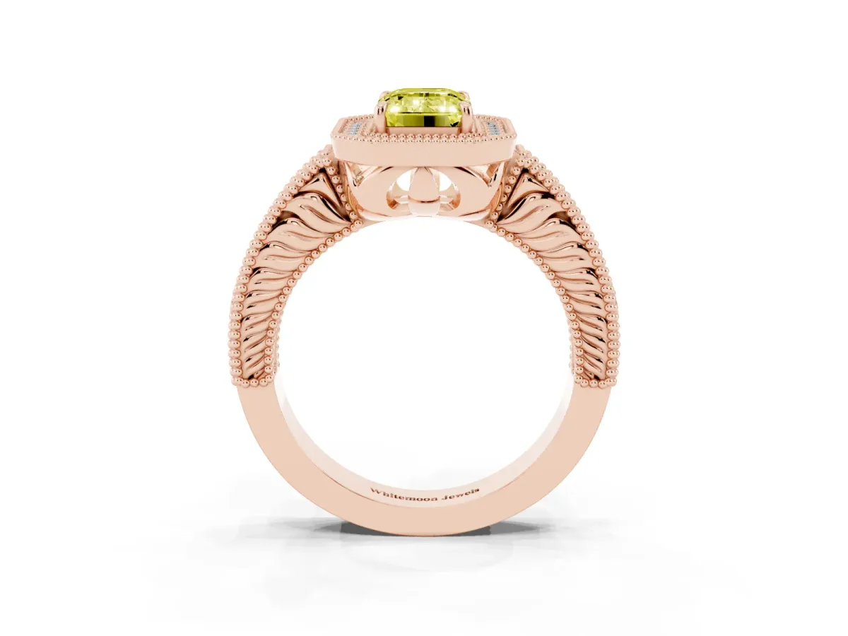 Fancy Yellow Emerald Cut Cut Halo Diamond Ring with Pavé Band and Four-Prong Setting Rose gold