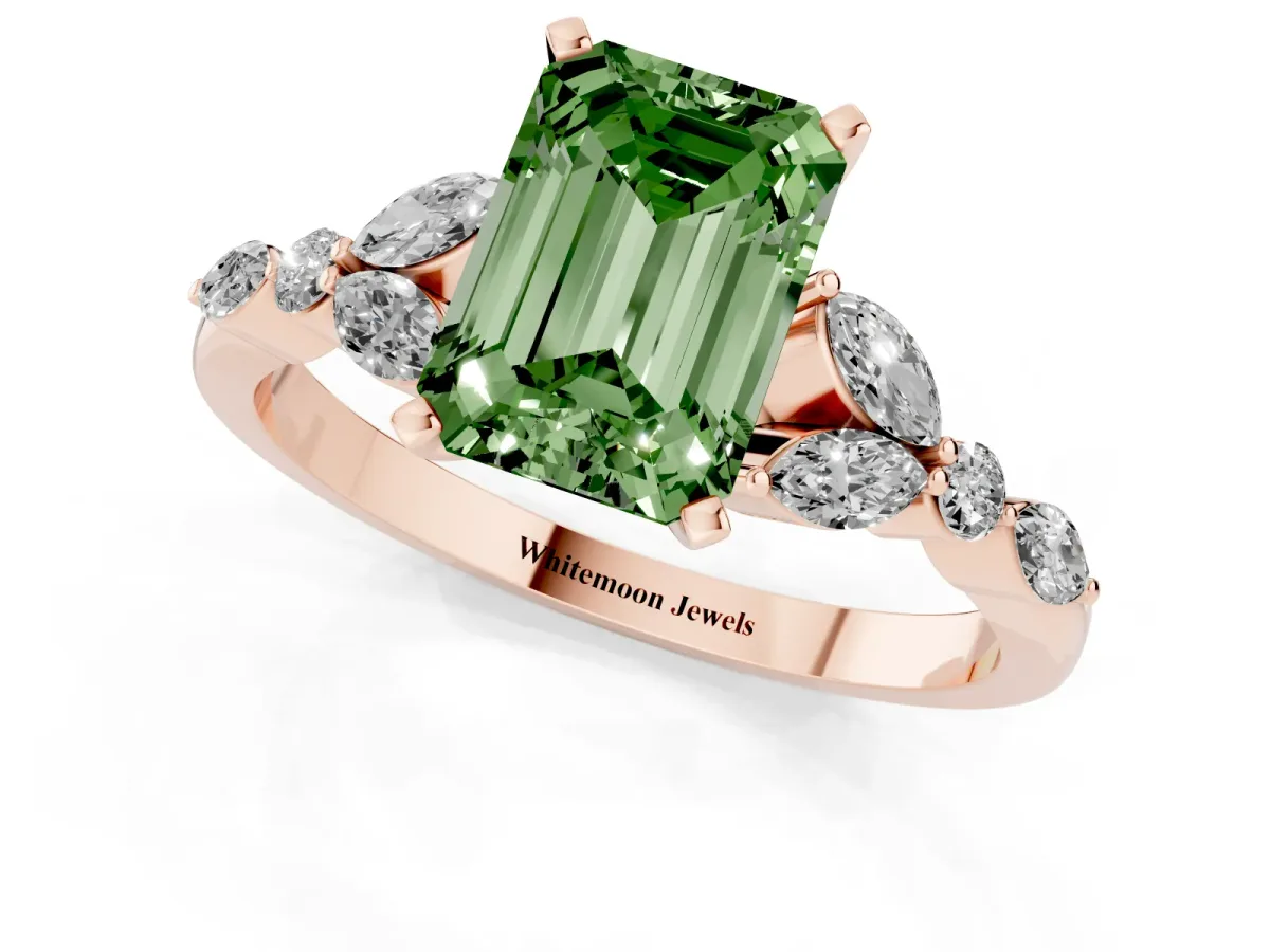 Fancy Green Emerald Cut Diamond Solitaire Ring with Side Stones and Four-Prong Setting Rose gold