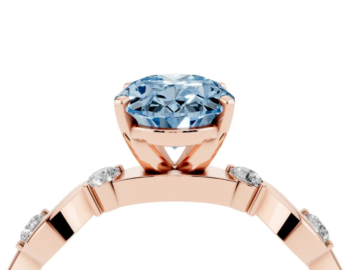 Fancy Blue Oval Cut Diamond Solitaire Twisted Band with Round Accents and Prong Setting Rose gold