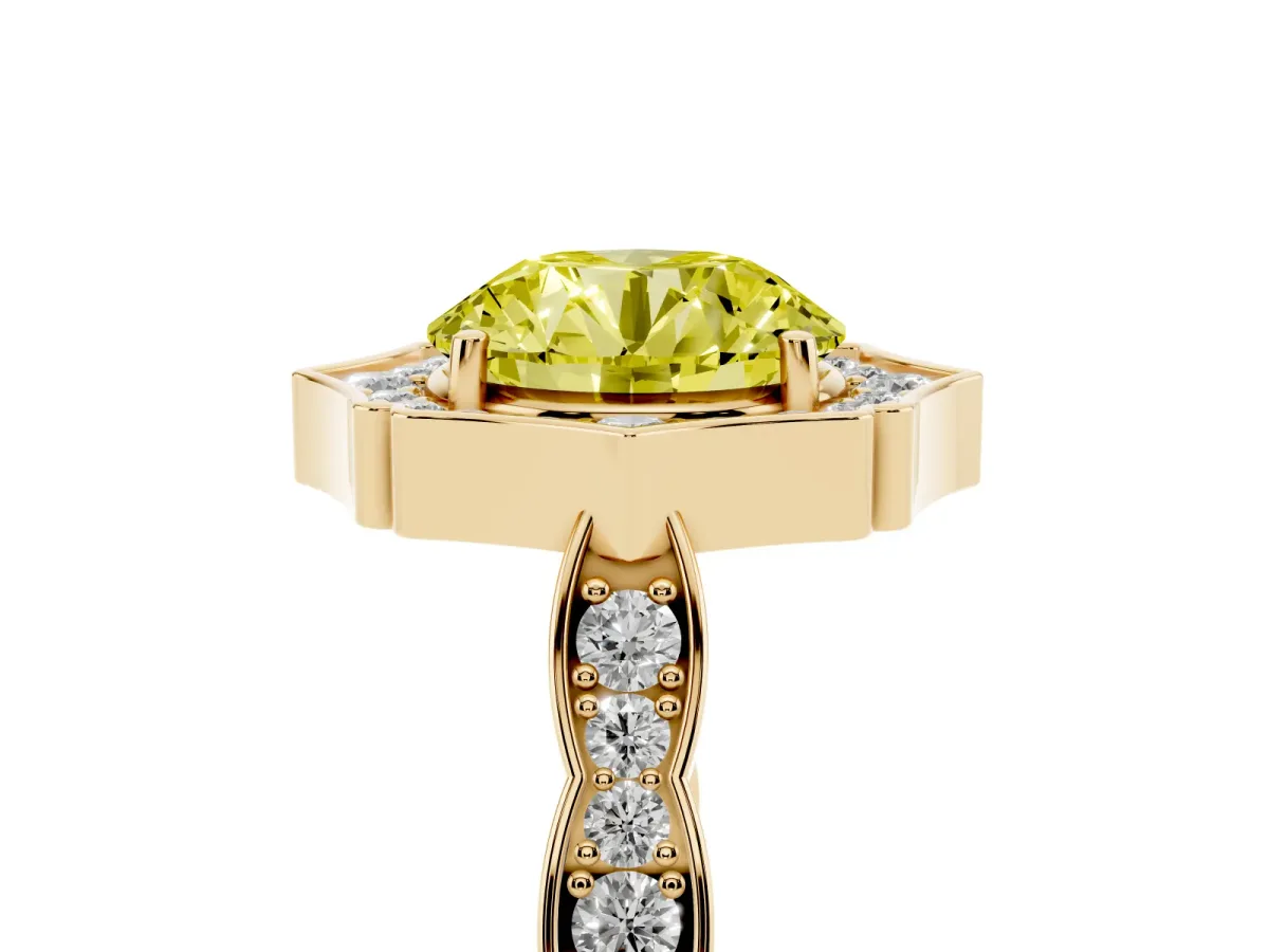 Fancy Yellow Round Cut Halo Diamond Engagement Ring with Milgrain Band and Four-Prong Setting Yellow gold