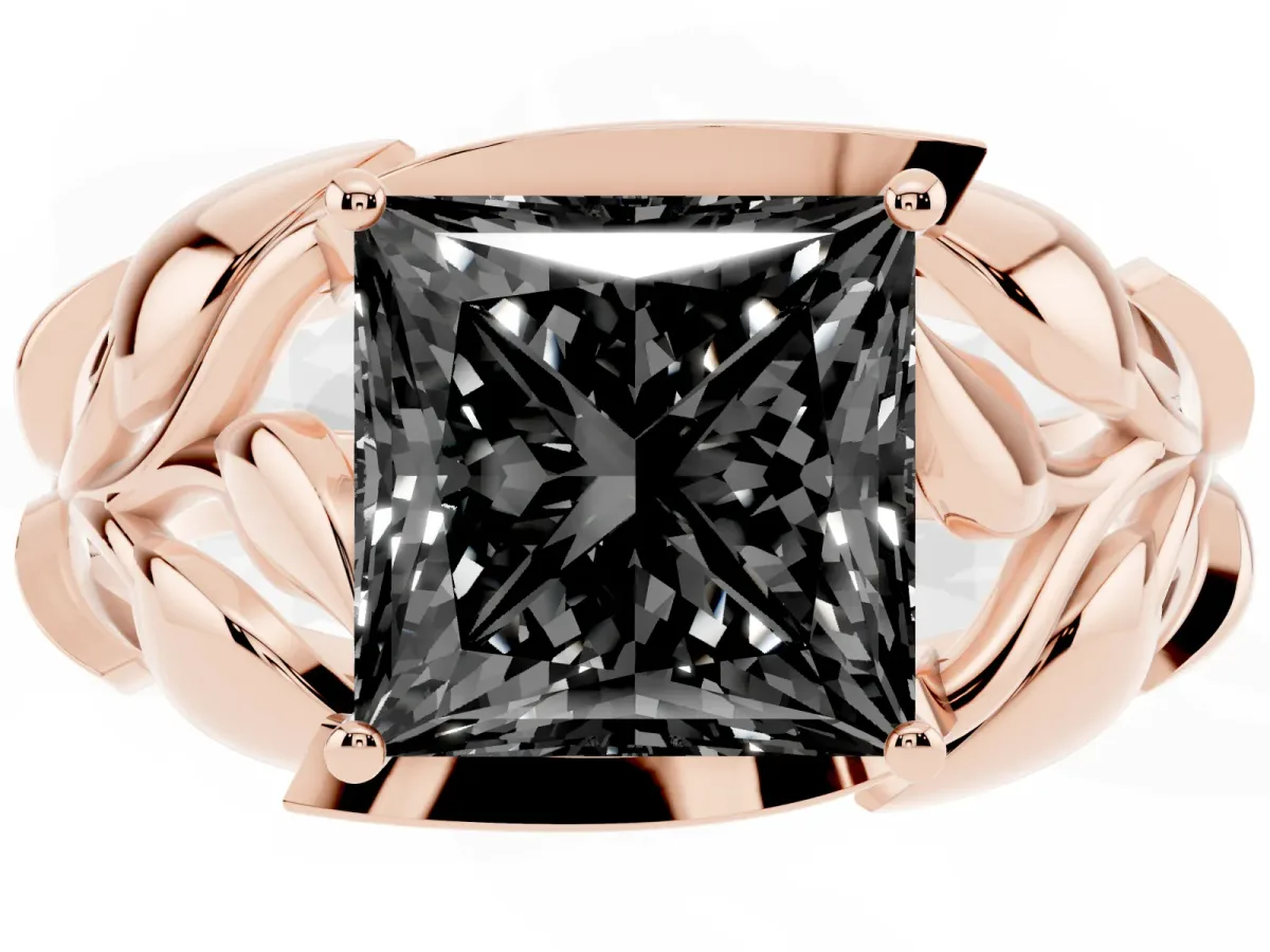 Fancy Black Princess Cut Diamond Leaf-Inspired Engagement Ring with Round Accents and Prong Setting Rose gold