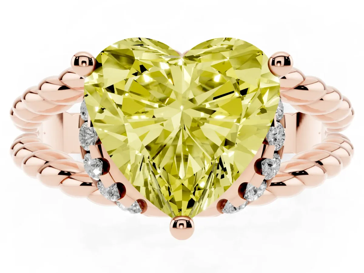 Fancy Yellow Heart Cut Halo Twisted Band Four-Prong Ring Rose gold