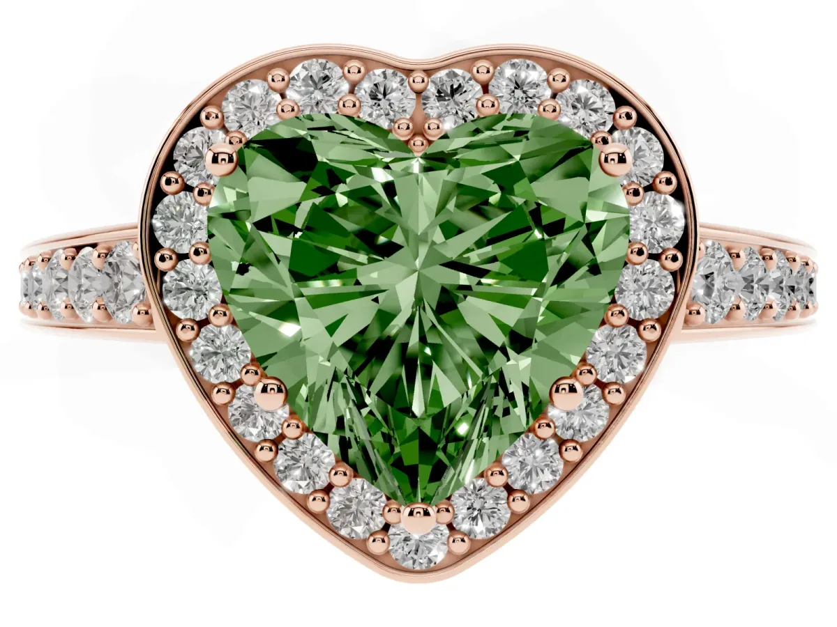 Fancy Green Heart Cut Halo Pavé Diamond Engagement Ring with Bezel Setting Rose gold