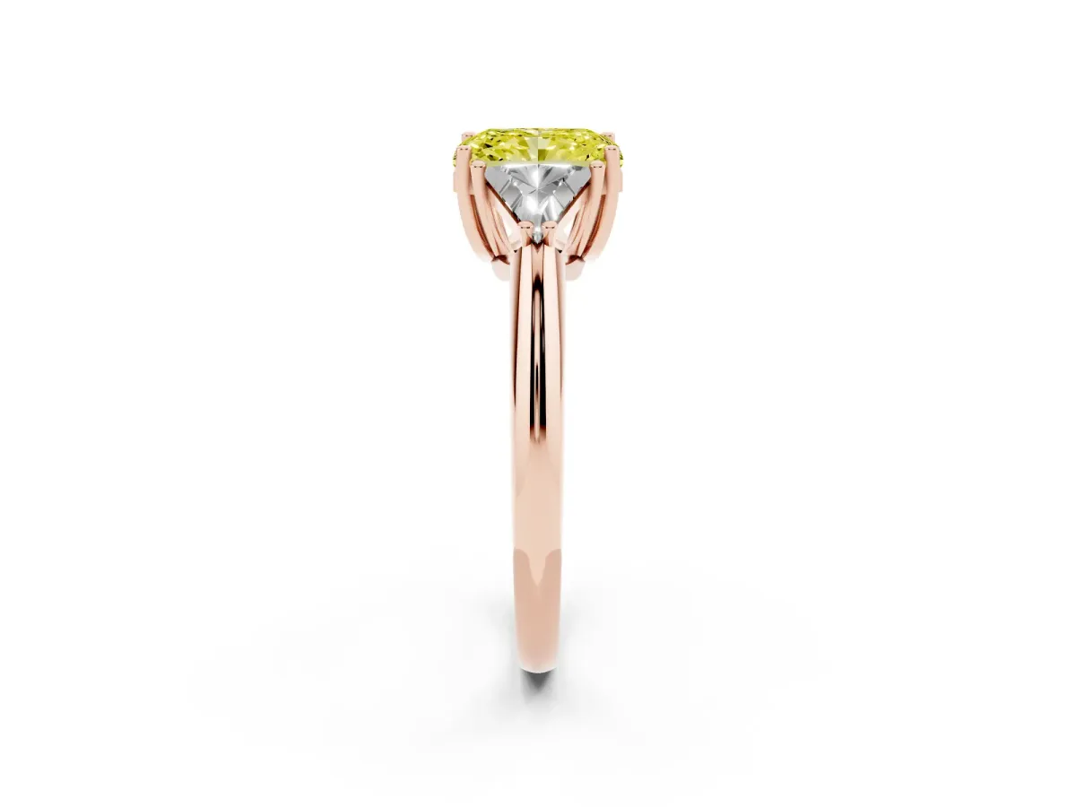 Fancy Yellow Three-Stone Radiant Cut Diamond Engagement Ring with Trillion Side Stones and Prong Setting Rose gold