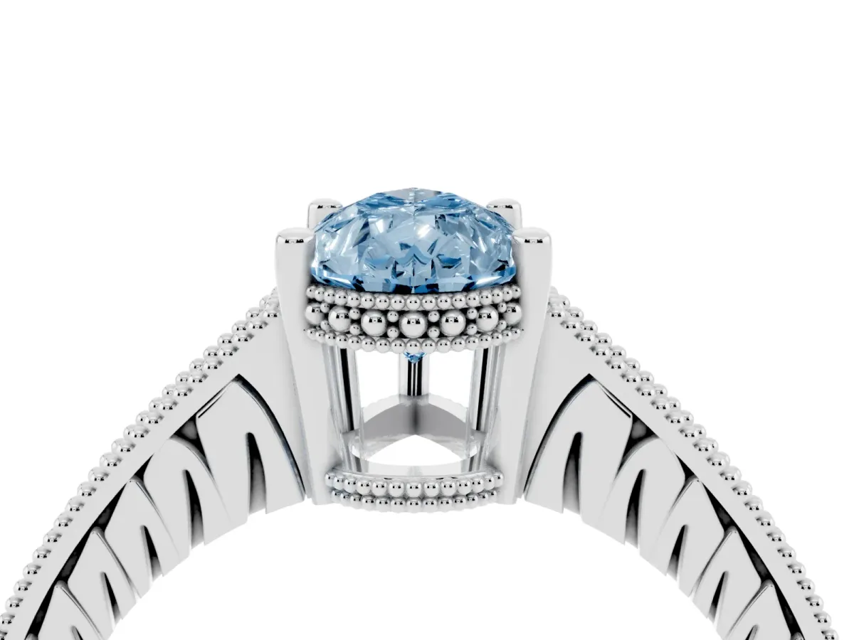 Fancy Blue Pear Cut Solitaire Pavé Diamond Milgrain Engagement Ring with Four-Prong Setting Silver