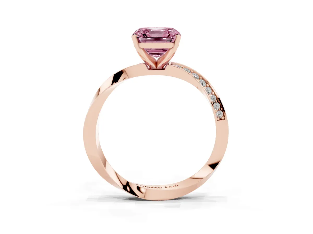 Fancy Pink Asscher Cut Diamond Engagement Ring with Side Stone Accents and Four-Prong Setting Rose gold