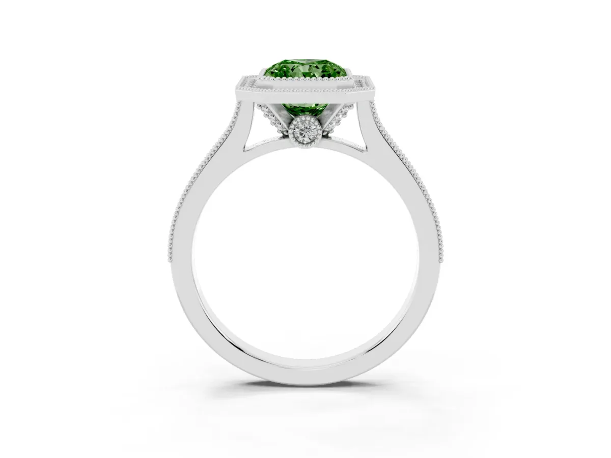 Fancy Green Halo Radiant Cut-Cut Diamond Pave Band Milgrain Prong Setting Ring Platinum