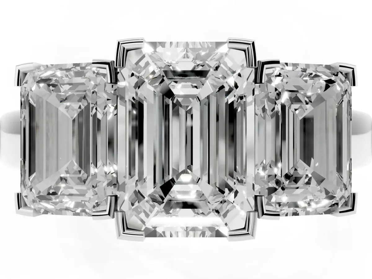 Three-Stone Emerald Cut Cut Diamond Ring with Channel Set Band and Four-Prong Setting Silver