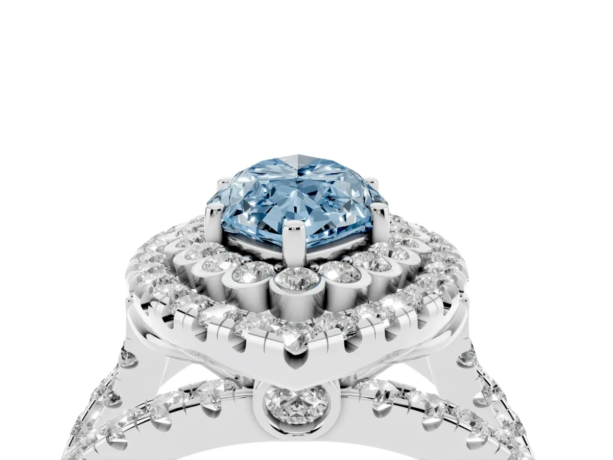 Fancy Blue Marquise Cut Diamond Double Halo Ring with Round Pavé Split Shank and Prong Setting Silver