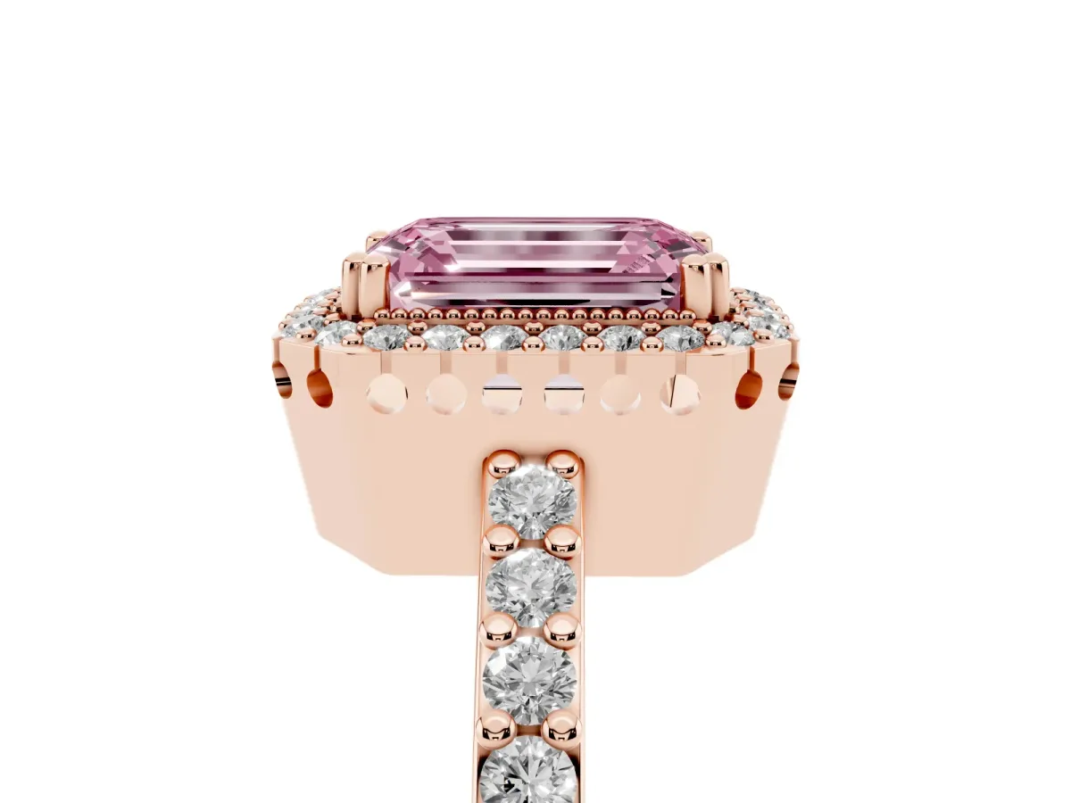 Fancy Pink Emerald Cut Cut Diamond Halo Engagement Ring with Milgrain Detail and Pavé Band Rose gold
