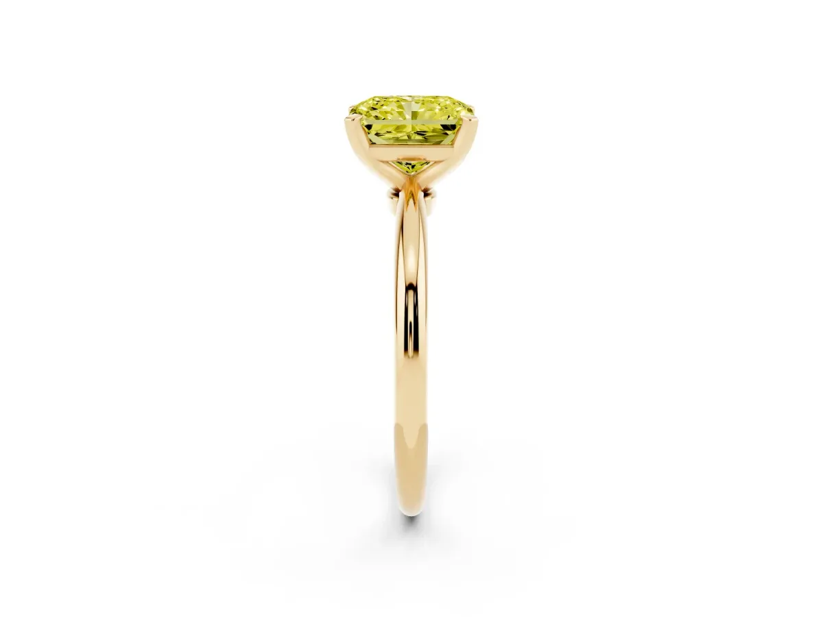 Fancy Yellow Radiant Cut Diamond Solitaire Ring with Prong Setting and Classic Band Yellow gold