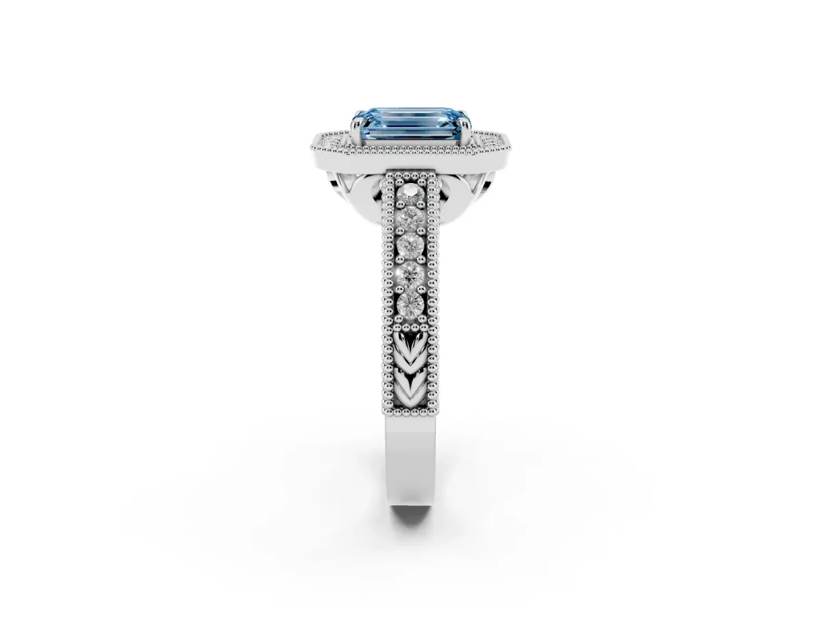 Fancy Blue Emerald Cut Cut Halo Diamond Ring with Pavé Band and Four-Prong Setting White gold