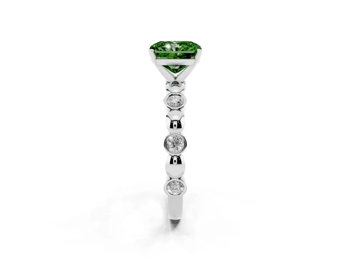 Fancy Green Radiant Cut Solitaire Bezel-Set Diamond Ring with Beaded Band and Four-Prong Setting Silver