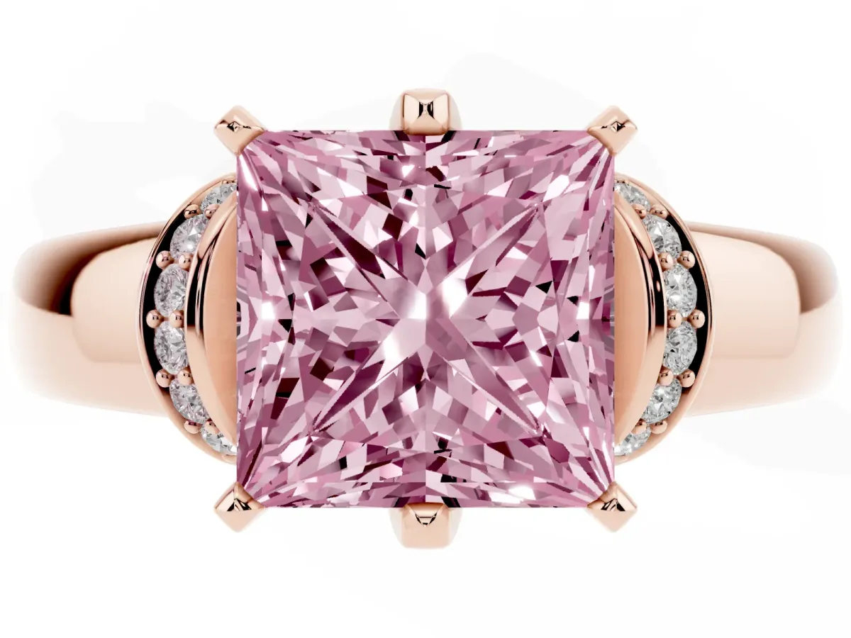 Fancy Pink Princess Cut Solitaire Diamond Ring with Pave Band and Six-Prong Setting Rose gold
