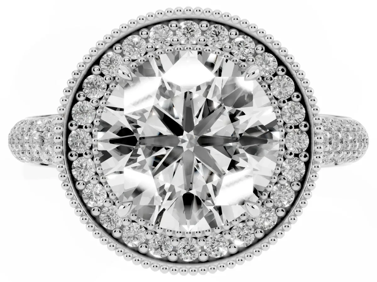 Round Cut Cut Halo Diamond Pave Band with Four-Prong Setting Silver