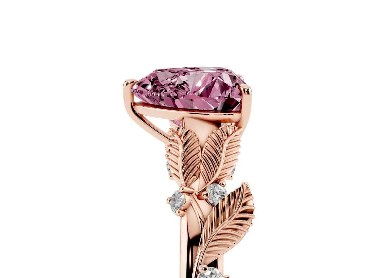 Fancy Pink Heart Cut Diamond Solitaire Ring with Leaf Motif Band and Four-Prong Setting Rose gold