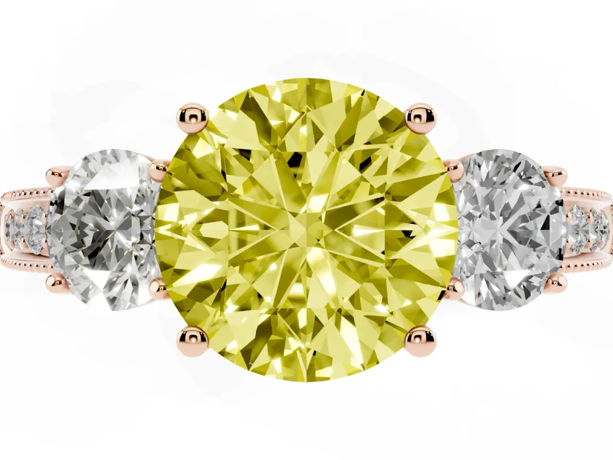 Fancy Yellow Round Cut Three-Stone Diamond Ring with Pavé Band and Four-Prong Setting Rose gold