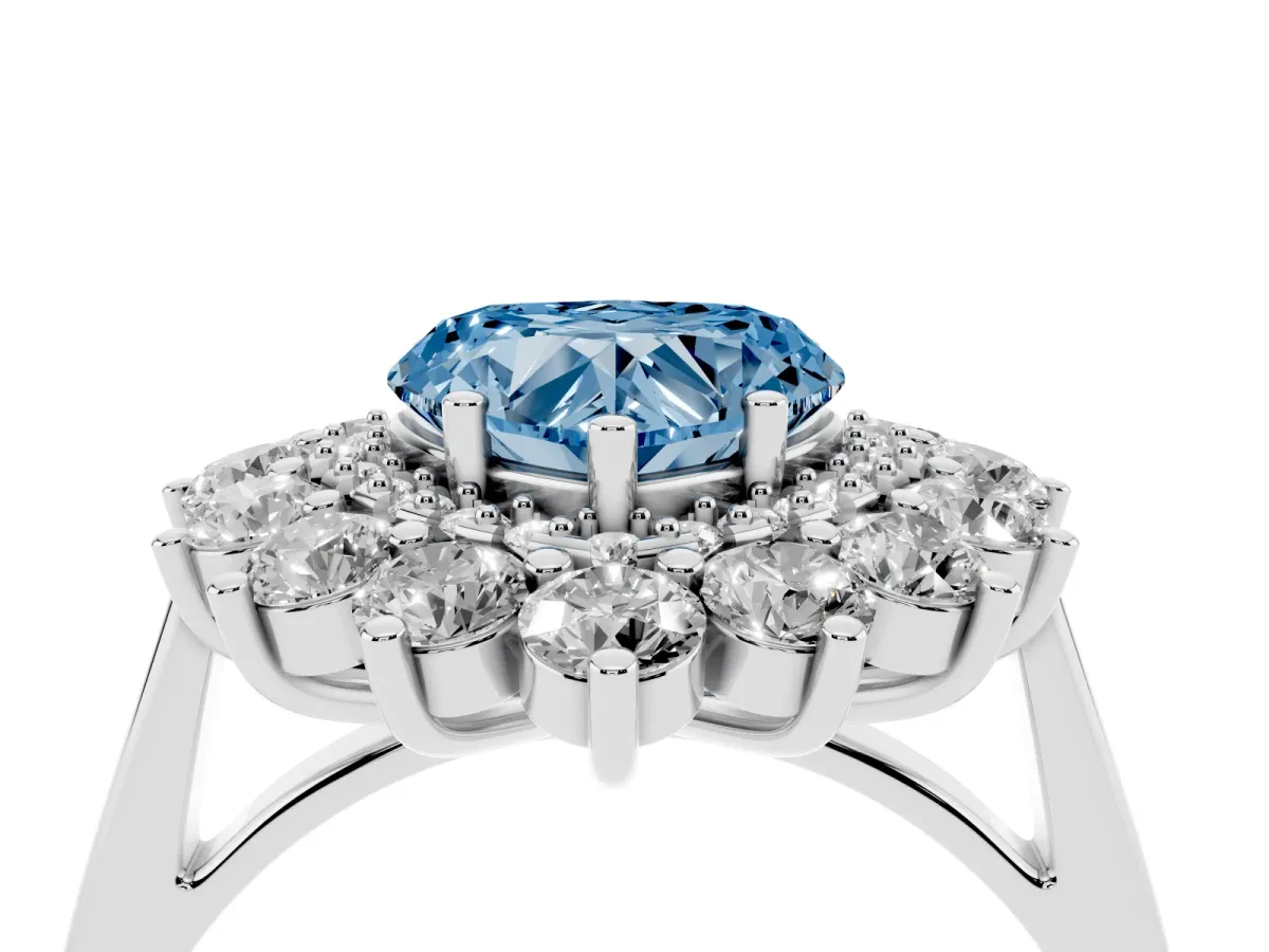 Fancy Blue Heart Cut Diamond Floral Double Halo Engagement Ring with Prong Setting Platinum