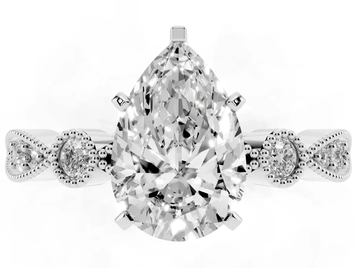 Pear Cut Milgrain Bezel Diamond Engagement Ring with Solitaire Prong Setting Silver