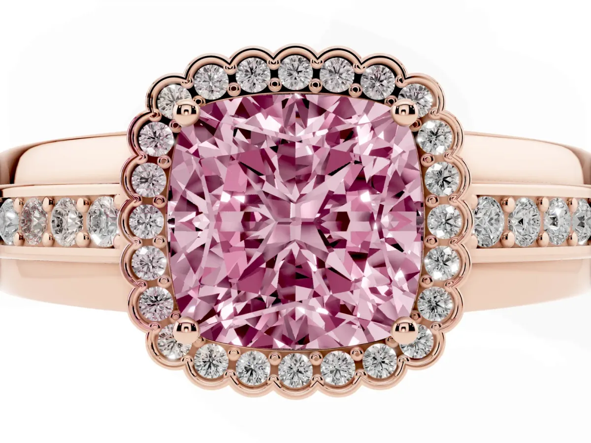 Fancy Pink Cushion Cut Cut Halo Pave Band Four-Prong Ring Rose gold