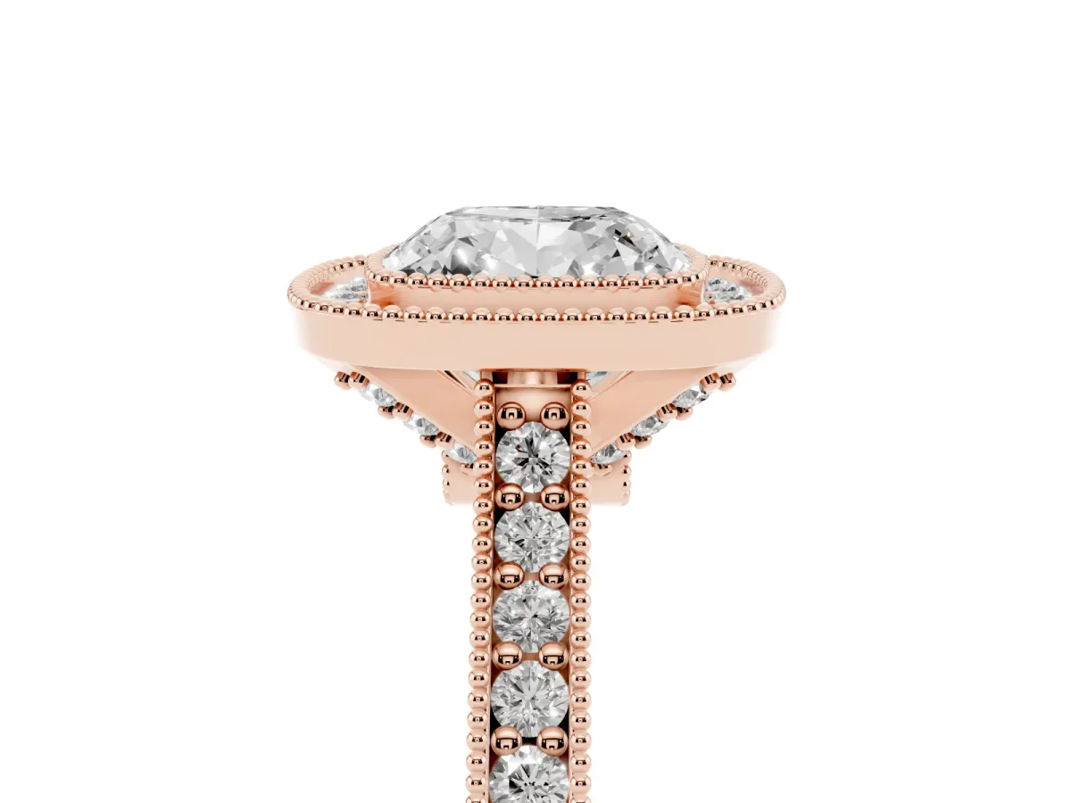 Halo Cushion Cut-Cut Diamond Pave Band Milgrain Prong Setting Ring Rose gold